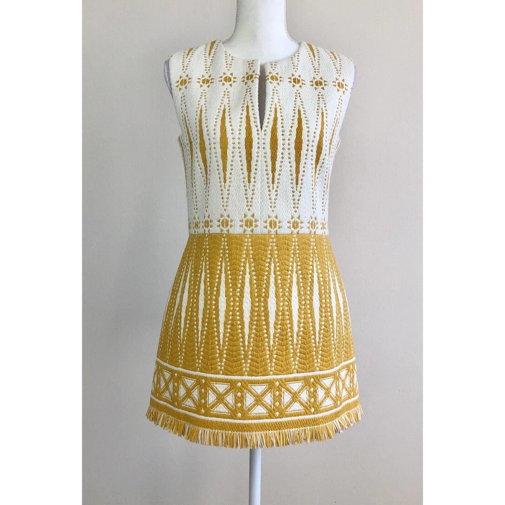 size 8 Tory Burch Runway 2015 Yellow Savora Sun Fringe Woven Tweed Mini-Dress